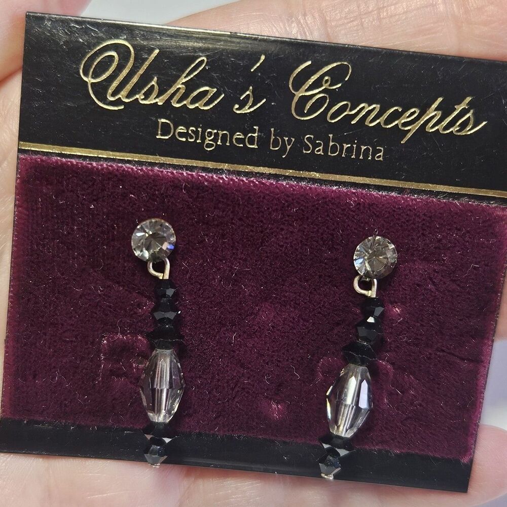 Usha's Concepts Designed by Sabrina Silver Tone Black Dangle Earrings